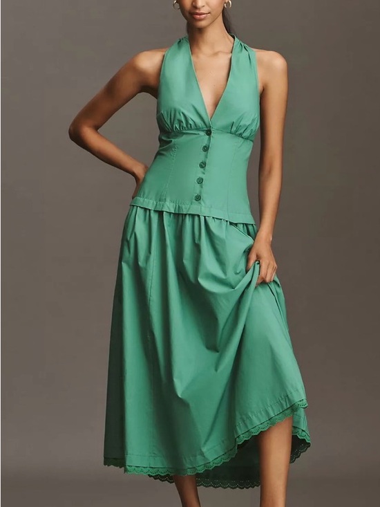 Maeve Dresses & Skirts - Maeve Green Halter Midi Dress drop waist